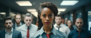 A woman in business attire stands at the front of a group of coworkers in an office hallway, all looking forward with serious expressions.